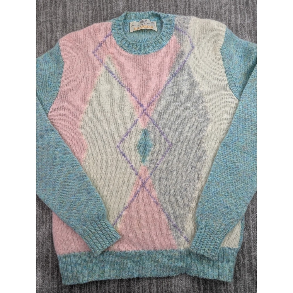 VTG Braemar Sweater Scottish Wool Womens Medium Cottagecore Pastel Argyle
